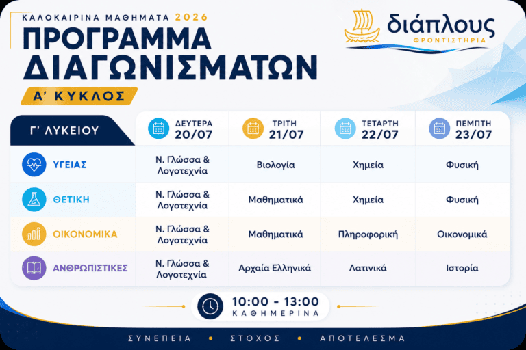 Πρόγραμμα Διαγωνισμάτων Α' Κύκλου για τη θερινή προετοιμασία της Γ' Λυκείου στο Φροντιστήριο ΔΙΑΠΛΟΥΣ.
