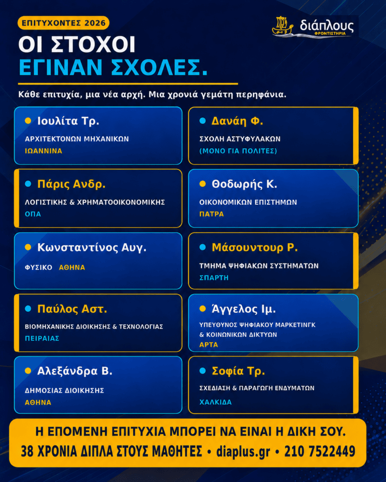 Επιτυχόντες 2026 του Φροντιστηρίου ΔΙΑΠΛΟΥΣ στο Παγκράτι